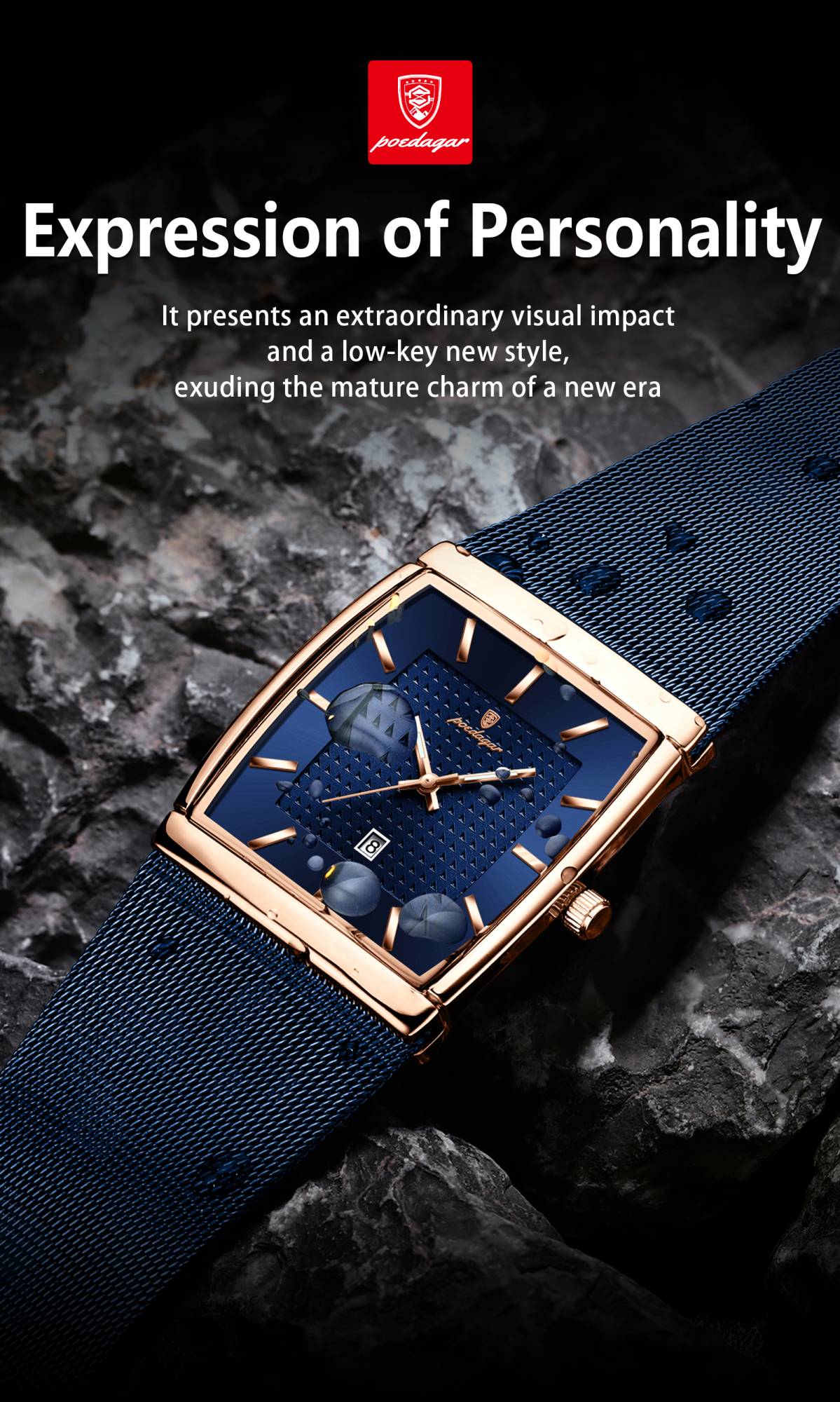 POEDAGAR Top Luxury Men Watch Stainless Steel Mesh Date Waterproof Luminous Man Wristwatch Casual Rectangle Quartz Men's Watches