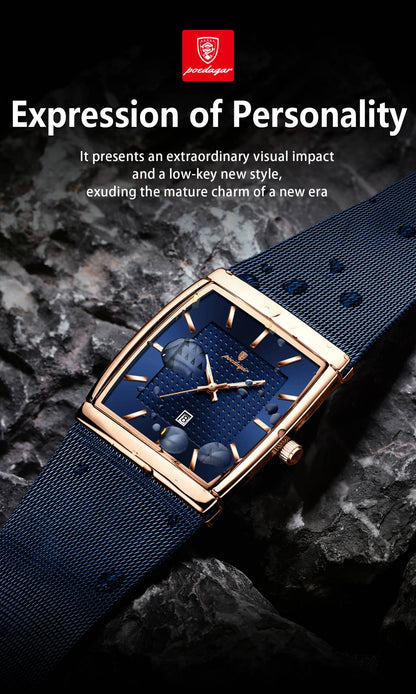 POEDAGAR Top Luxury Men Watch Stainless Steel Mesh Date Waterproof Luminous Man Wristwatch Casual Rectangle Quartz Men's Watches