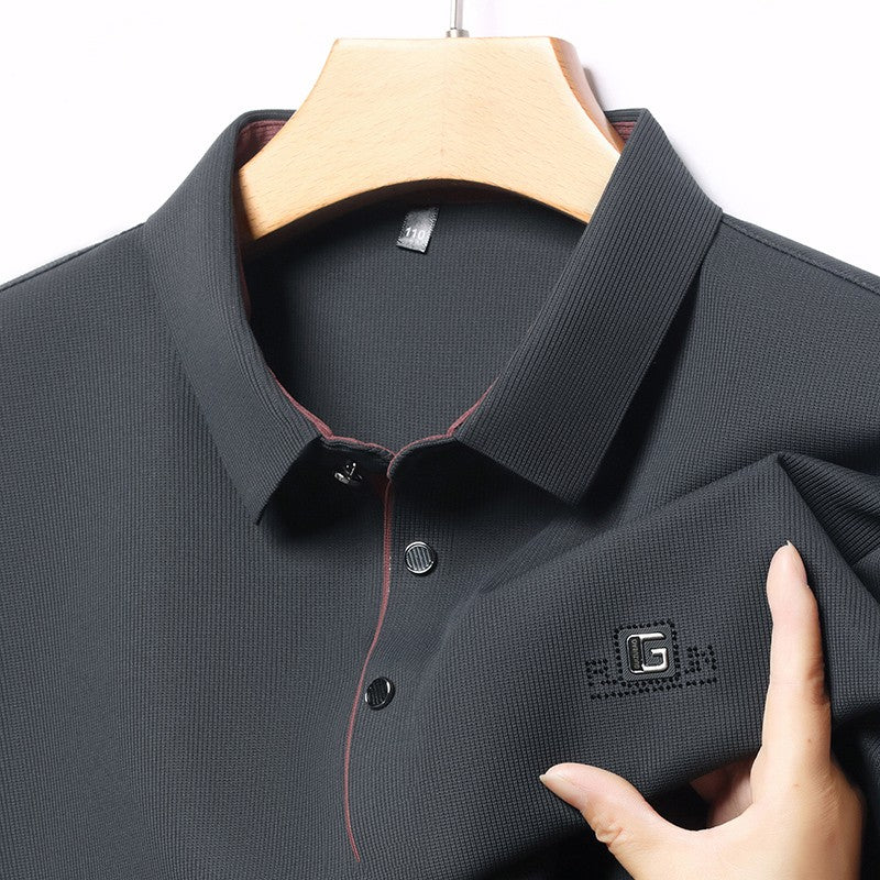 New Men's Business Casual Long Sleeved Shirt with Badge Solid Color Polo Shirt Fashionable Breathable Comfortable Versatile Top