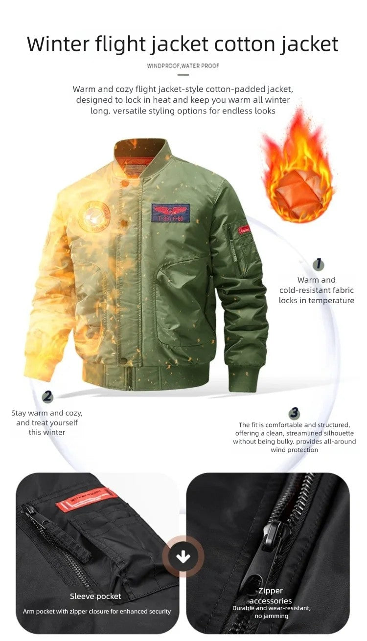 Unisex Winter Thicken Warm Bomber Jacket Air Force Style Flight Parkas Coat with Cotton Embroidery Casual Outwear for Men