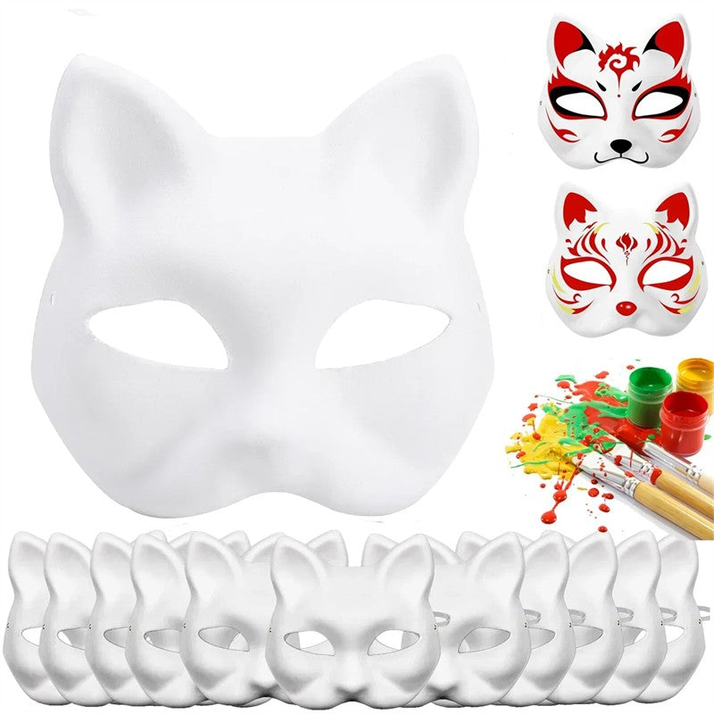 1-10pcs Japanese Mask Paper Blank Mask Halloween Cosplay Cat DIY Paintable Half Face Mask Animal Costume Party Decor Craft Prop