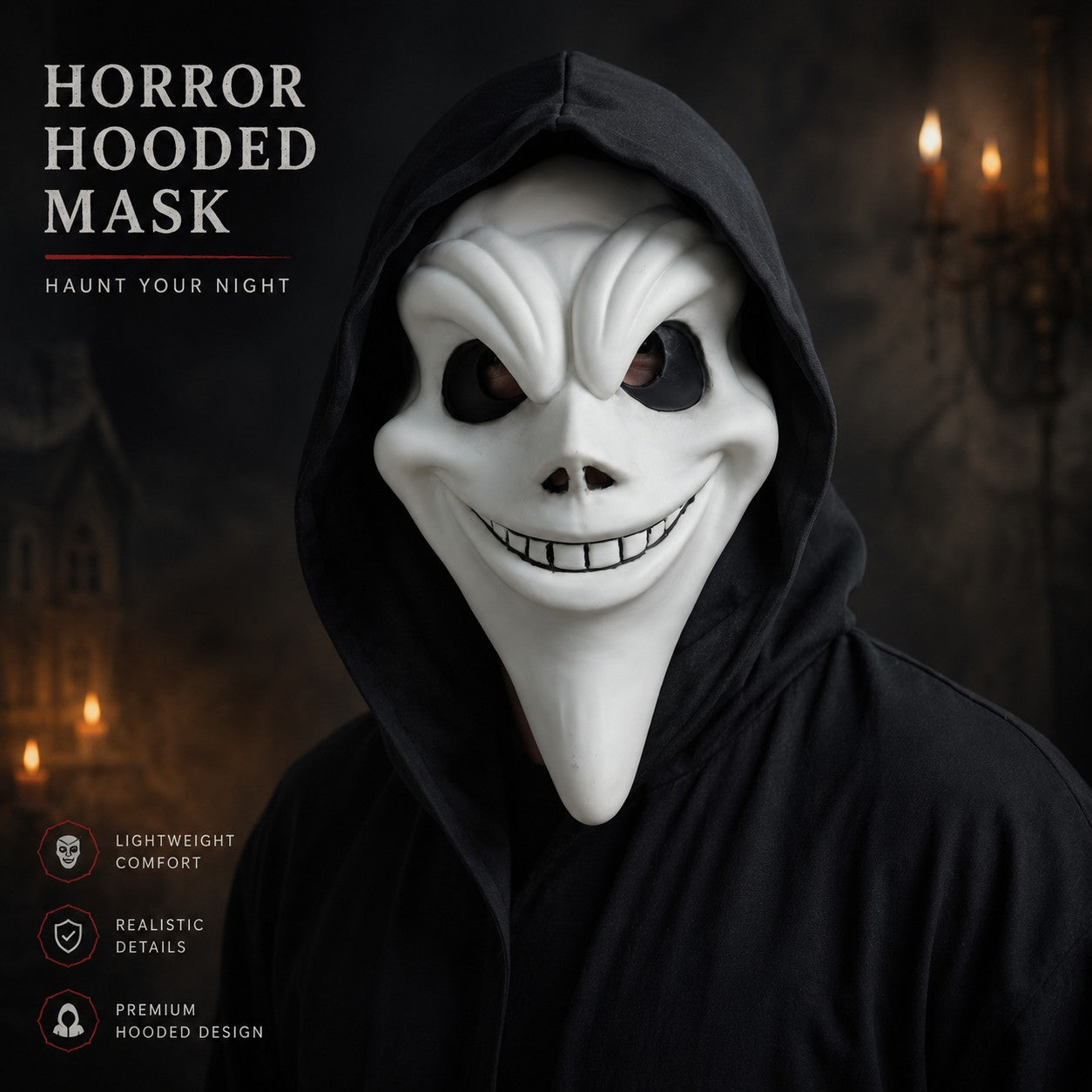 Ghost Face Mask with Hood Halloween Costume Scary Movie Funny Killer Cosplay Prop for Adults Horror Party