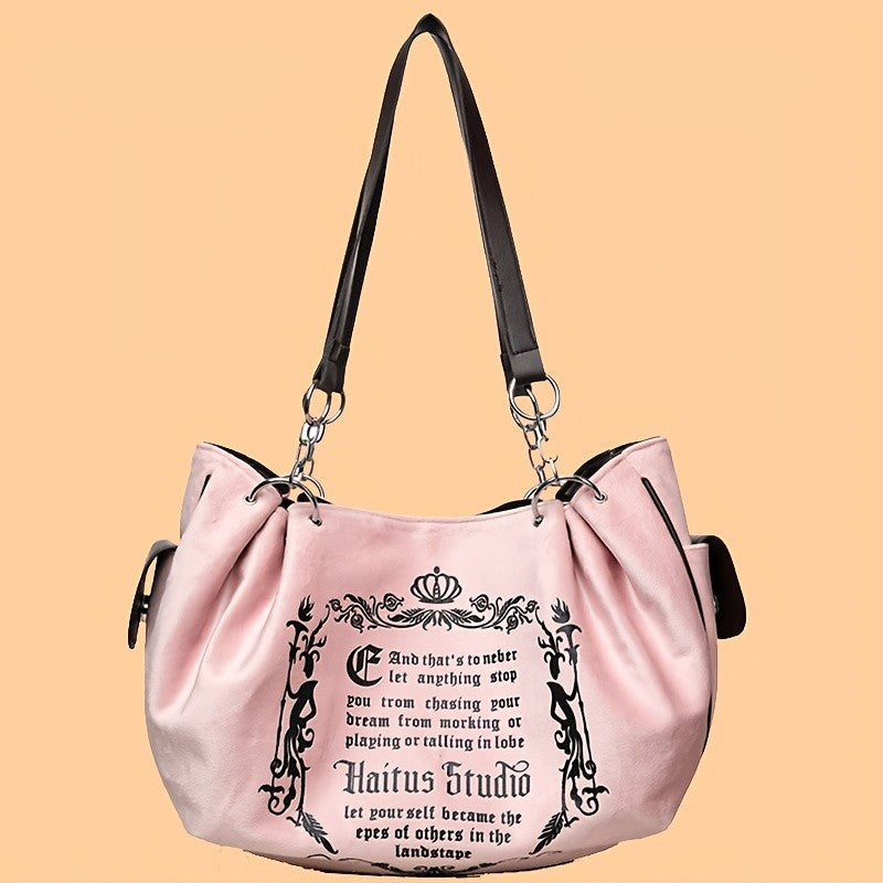Letter Print Faux Suede Women Handbag Shoulder Bag, Retro Large Capacity Tote Bag for Daily Commuting and Hand-Carry.Pumpkin Bag