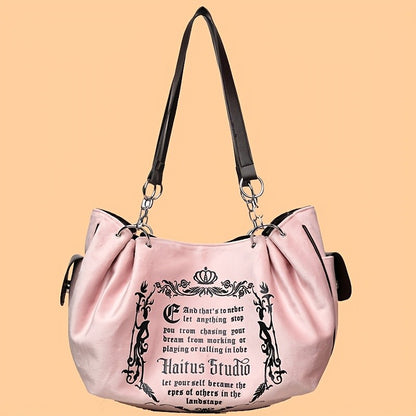 Letter Print Faux Suede Women Handbag Shoulder Bag, Retro Large Capacity Tote Bag for Daily Commuting and Hand-Carry.Pumpkin Bag
