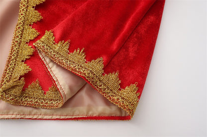 Medieval Royal Long Cape with Golden Lace Trim Floor Length Cloak Adult Men Women King Queen Halloween Cosplay Themed Party Cos