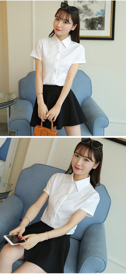 Korean Fashion White Shirt Women Autumn Short Sleeve Blouse Slim Office Lady Tops Women's Shirt S-5XL Student Shirt Women's Wear