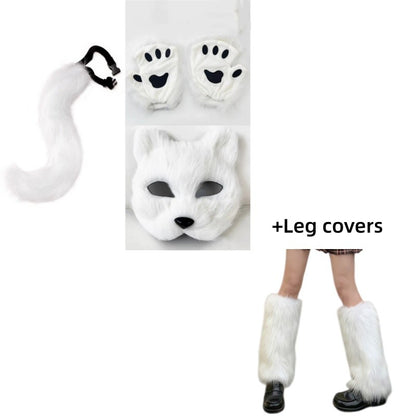 Costume Set Fox Tail Ears Gloves Artificial Fur Boot Covers Cosplay Halloween Prop Adult Women Men Unisex