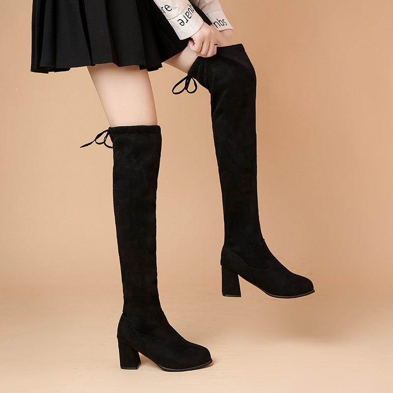 Spring New Fashion Slim Thick High Heels Flock Women Over-the-Knee Long Modern Stretch Boots Winter Long Boots D252