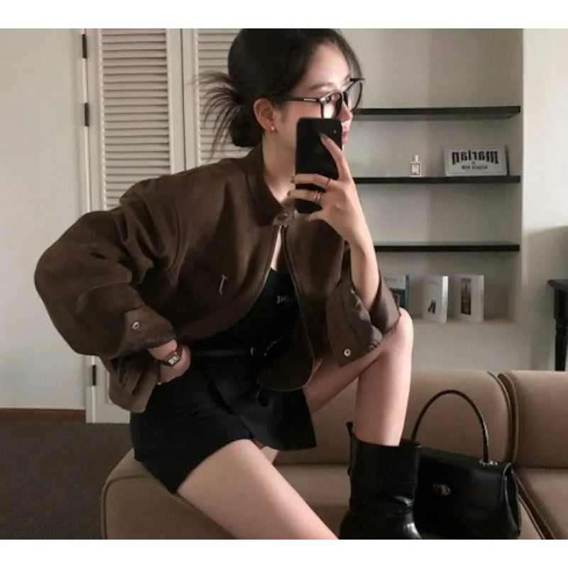 Retro American Coffee Brown Copper Zipper Button Short Jacket 2025 Autumn Trendy PU Leather Jacket Versatile for Dynamic Women