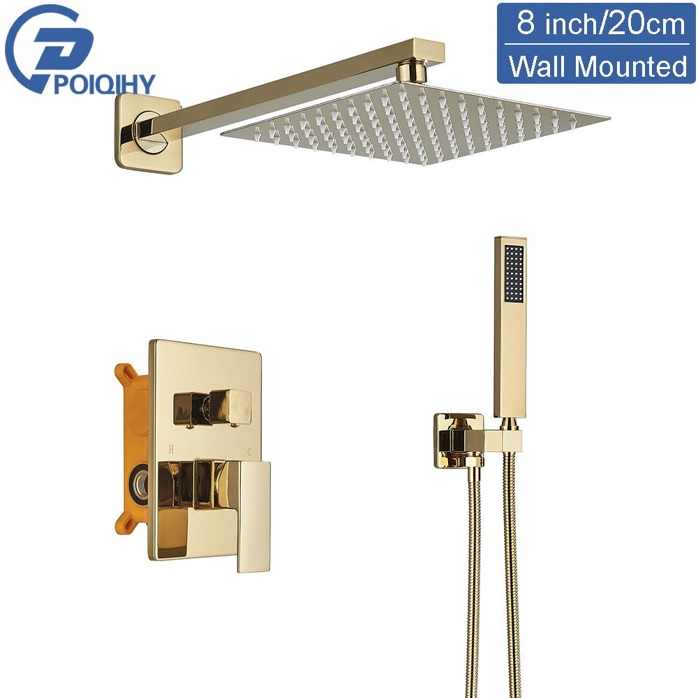 Golden Shower Faucets Set 2-Ways Rainfall Shower System Wall Mounted Shower Head Bathroom Bathroom Tap Shower Mixers Concealed