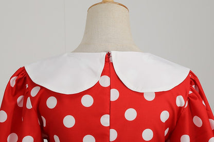 Elegant Women Summer Dress Puff Short Sleeve Polka Dot Peter pan Collar Vintage A-line Midi Long Party Sundress