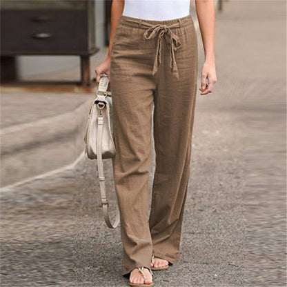 2025 Autumn Women's Summer Elastic Waist Pure Cotton Hemp Strap Loose Pants