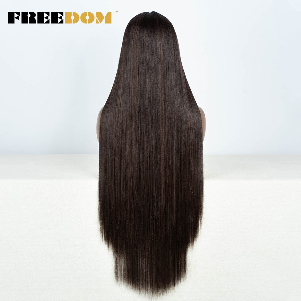 Peruca frontal de renda sintética FREEDOM para mulheres, 38 polegadas, longa, lisa, ombré, marrom, vermelho, gengibre, destaque, perucas frontais de renda, peruca de cosplay