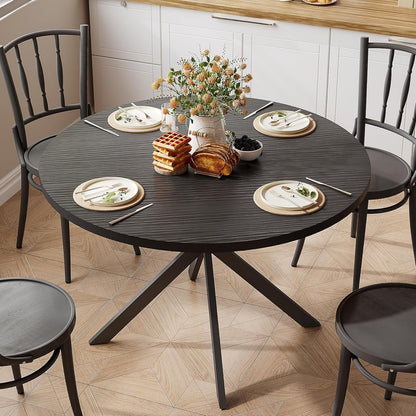 47.2 Inch Round Farmhouse Dining Table, Wooden Kitchen Table for 4, Black Circle Table for Dining Room