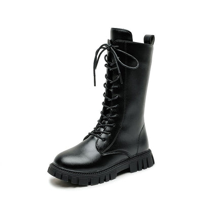 2025 Autumn/Winter  Fashion Cool Baby Girls Warm Square Heel Round Toe Casual Lace-Up Comfortable Kids Black Mid Boots