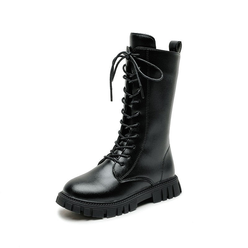 2025 Autumn/Winter  Fashion Cool Baby Girls Warm Square Heel Round Toe Casual Lace-Up Comfortable Kids Black Mid Boots