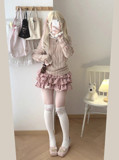 Y2K Sweet Ruffles Mini Skirt Women Kawaii Lolita Bow A Line Skirts Harajuku Japanese Cute High Waist Pink Blue Cake Skirt