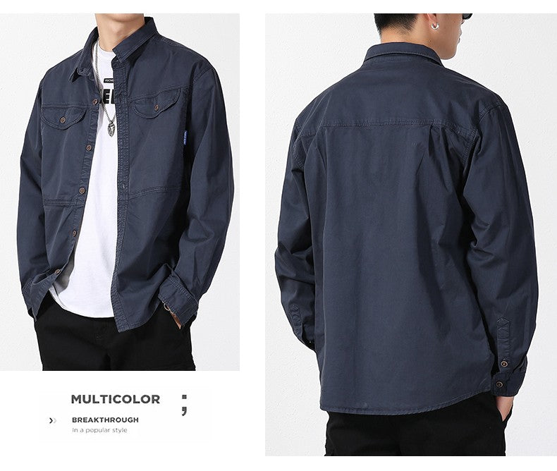 Men Slim Fit Turn-Down Collar Loose Cargo Shrit Spring Autumn Casual Wash Cotton Safari Style Jacket with Multiple Pockets Coat