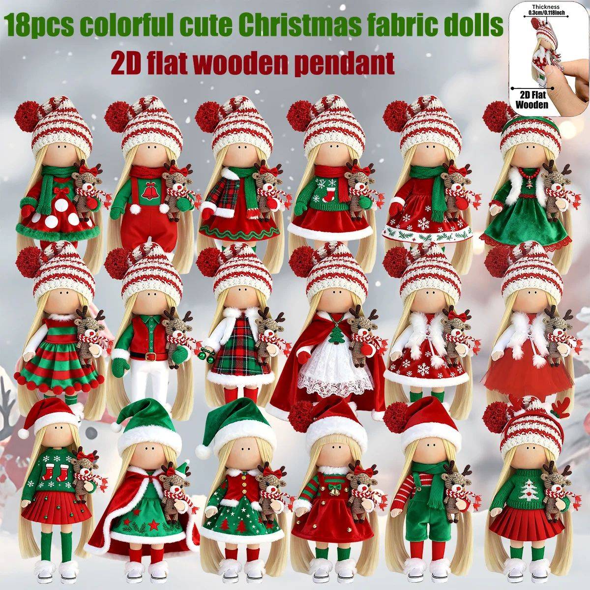 12Pcs Classic Long-haired Christmas Doll Design High-quality 2D Flat Wooden Pendant Christmas Doll Decoration for Christmas
