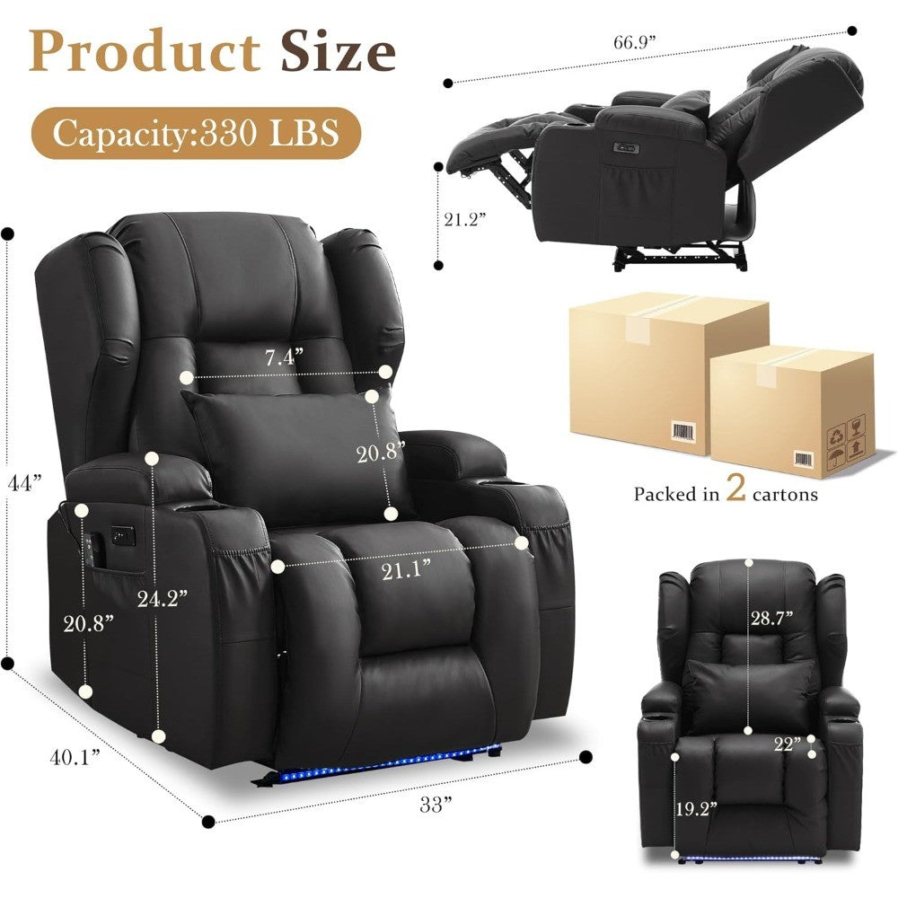 Recliner Chair for Adults, Power Reclining Sofa Chair Home Theater Seating with Vibration Massage and Heat, LED Ambient Light