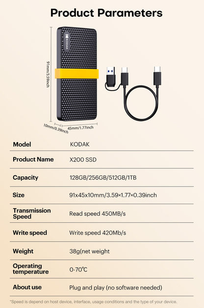 KODAK X200 External SSD Hard Drive HD Externo USB3.1 and Type- Mini Portable SSD 256B 512GB 1TB For Laptops Smartphone PS4 PC TV
