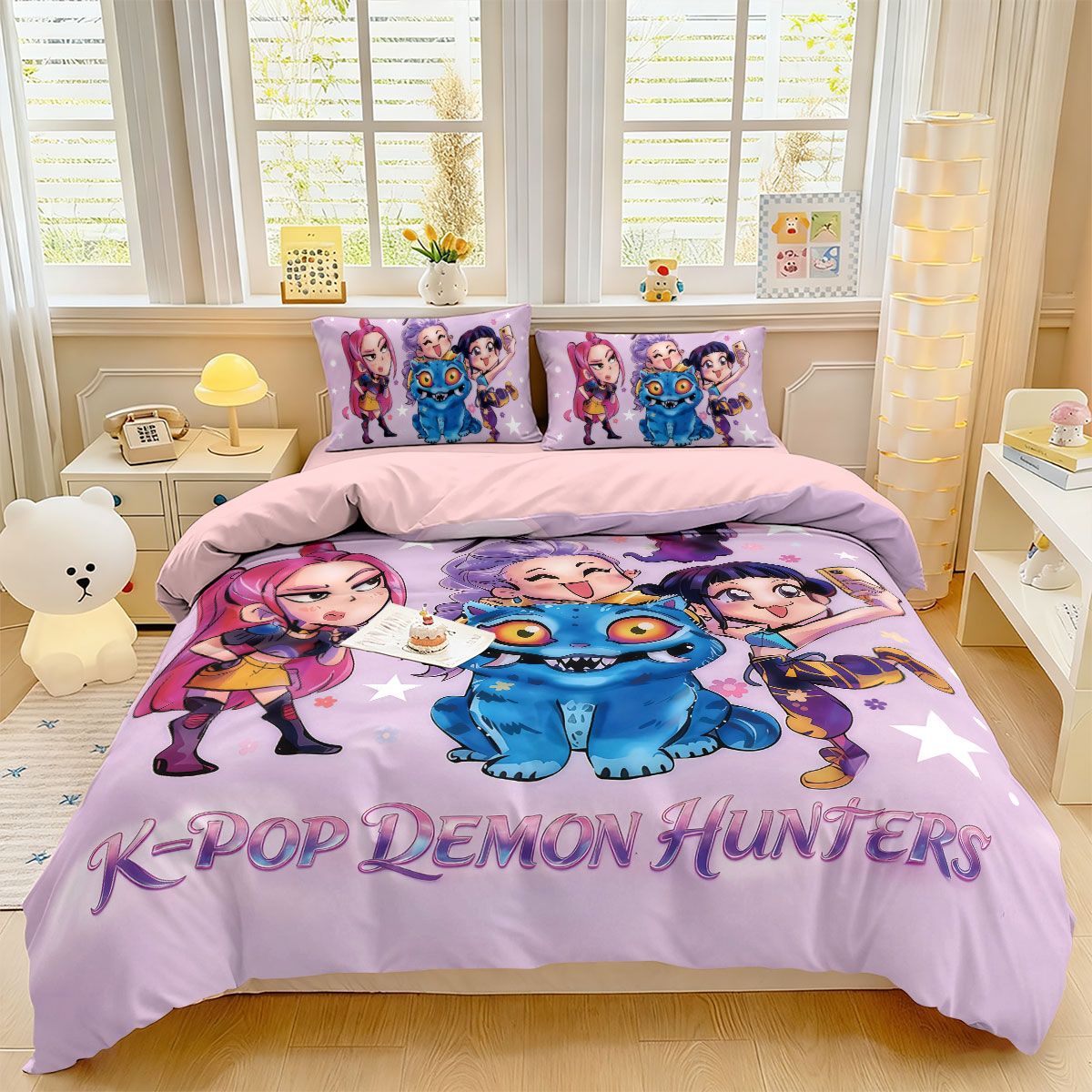 3 Peças Caça-Demônios K-Pop Impresso Conjunto de Cama Sem Microplaqueta Macio e Confortável Dormitório Quarto Vários Tamanhos Lavável na Máquina