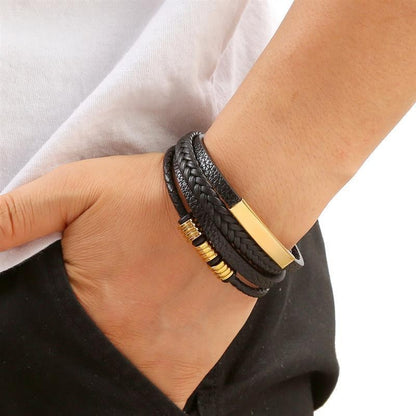 Pulseira de Couro Masculina Punk com Fecho Magnético de Aço Inoxidável Trançado em Camadas Envoltório de Couro Pulseiras Presente Joias Masculinas