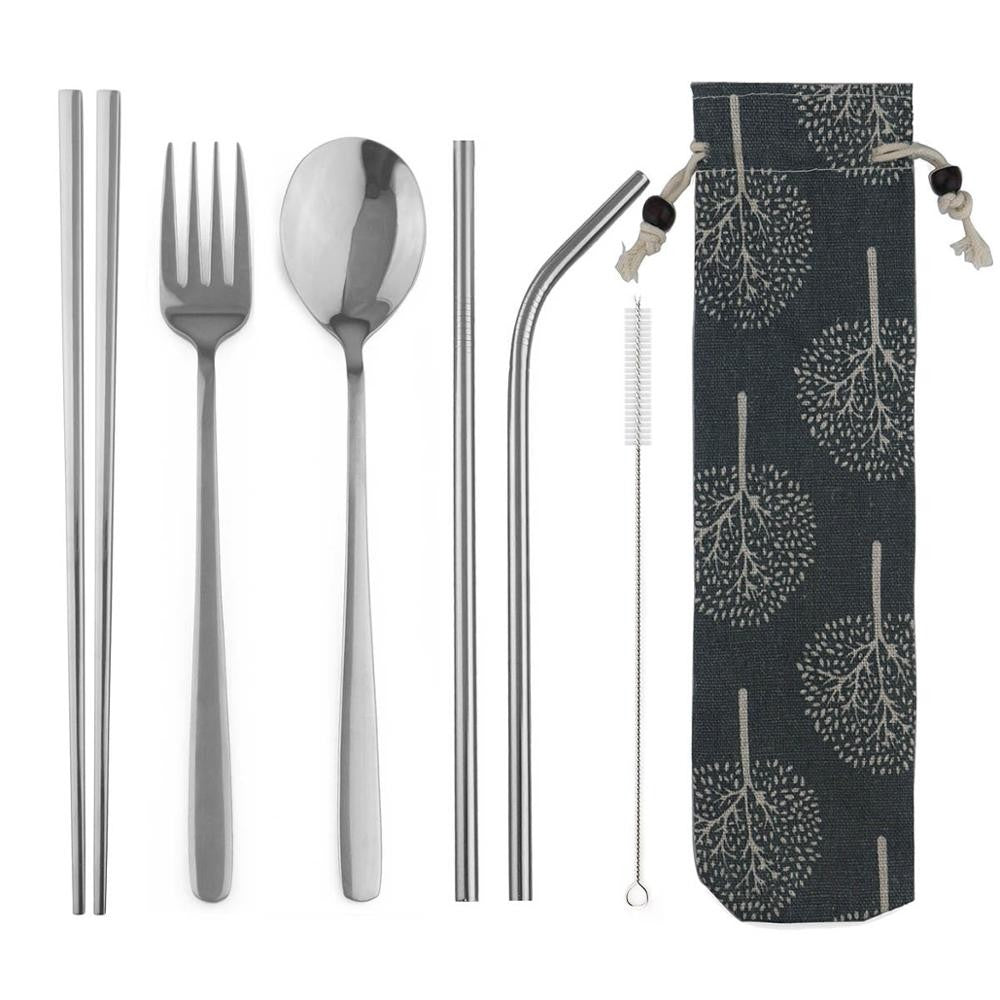 Conjunto de Talheres Portátil de Viagem JANKNG em Aço Inoxidável 304 com Garfo, Colher, Hashi, Canudo, Talheres Arco-Íris com Bolsa