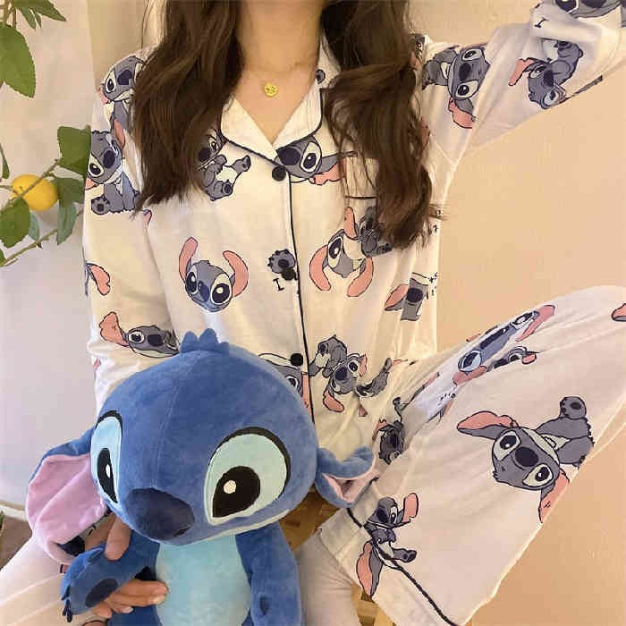 Hot Stitch Disney Faux Cotton Pajamas Spring Autumn Cartoon Female Pyjamas Kawaii Suit Long Sleeves Winter Home Sleepwear Gift