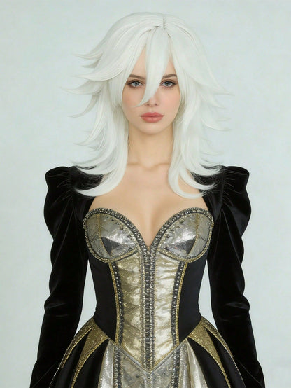 Synthetic Medium Length Fluffy Spiky Women Man Layered Straight Anime Cosplay Wig with Bangs for Halloween Party