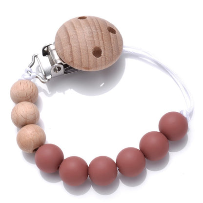 Handmade Beech Wood Baby Pacifier Chain Round Silicone Beads Infant Appease Soother Clips Anti-Drop Dummy Holder Nipple Clip