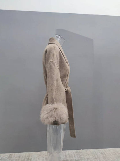 UCXQ Casaco Feminino Elegante OL para Escritório com Retalhos de Pelo Manga Comprida Lã Jaqueta de Roupa Feminina Bonita Outono Inverno 2025