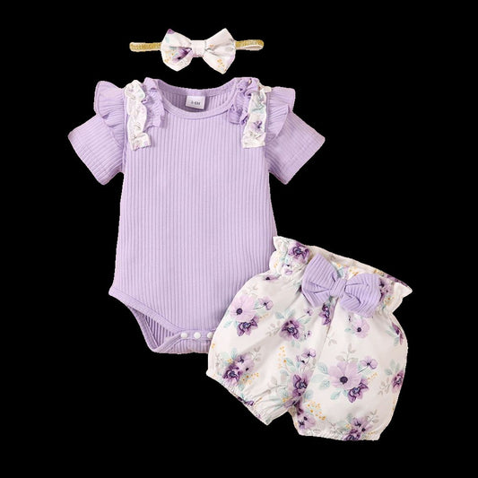 0-18Months Baby Girl Clothes Set Purple Short Sleeve Romper + Flowers Shorts with Headband Toddler Girl Summer 3PCS Outfit