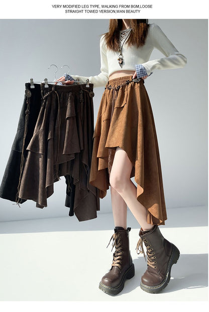 Caramel Suede Half-length Skirt Women's Autumn Winter New Irregular Belt Slim A- Line Midi Umbrella Skirt Comfortable Casual S .