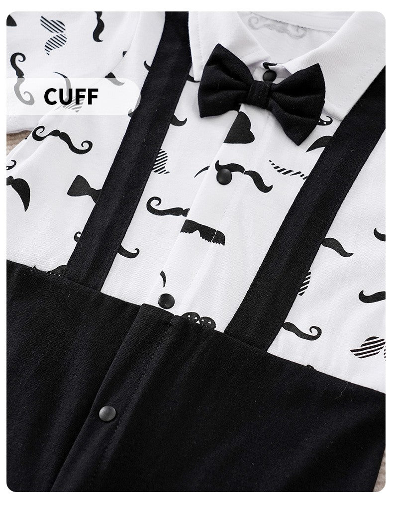 Boys Cartoon Printed Clothes Short Sleeve Bow Tie Romper  Moustache Cotton Baby Gentleman Newborn Toddler Baby Jumpsuit Print