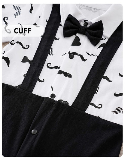 Boys Cartoon Printed Clothes Short Sleeve Bow Tie Romper  Moustache Cotton Baby Gentleman Newborn Toddler Baby Jumpsuit Print