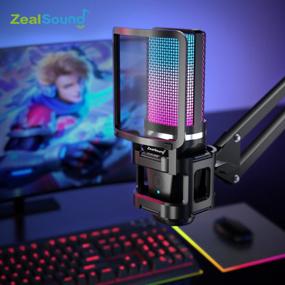 Microfone para Gravação RGB Zealsound com Braço Articulado/Microfone Condensador USB com Tripé para Jogos, Podcast, Streaming e Youtube