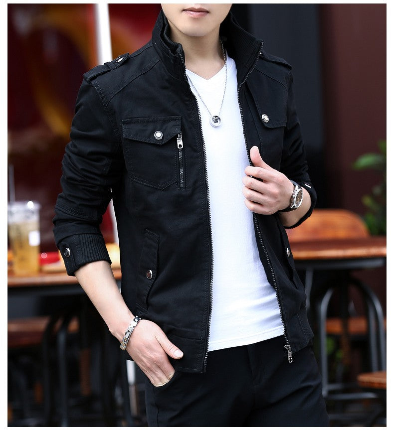 Korean Fashion Stand-up Collar Denim Cargo Coat 2023 Spring Autumn New Men's Jacket Men's Zipper Pocket Stitching Slim Jacket