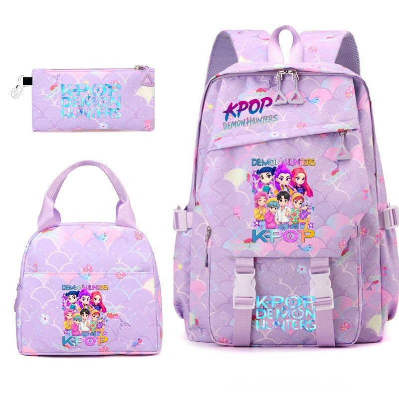 3pçs Mochilas K-pop Demon Hunters Desenho Animado Anime Escolar com Lancheira Mochilas Infantis Impermeáveis Presentes para Aluno