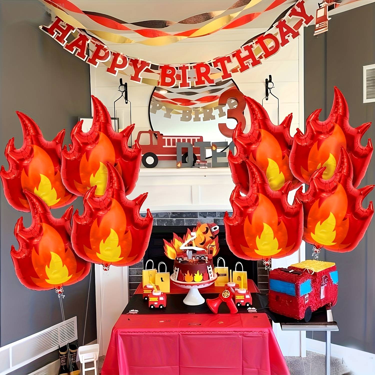 5pcs Flame Foil Balloons for Firefighter Theme Birthday Parties - Aluminum Foil Inflatable Decorations Birthday Party Supplies