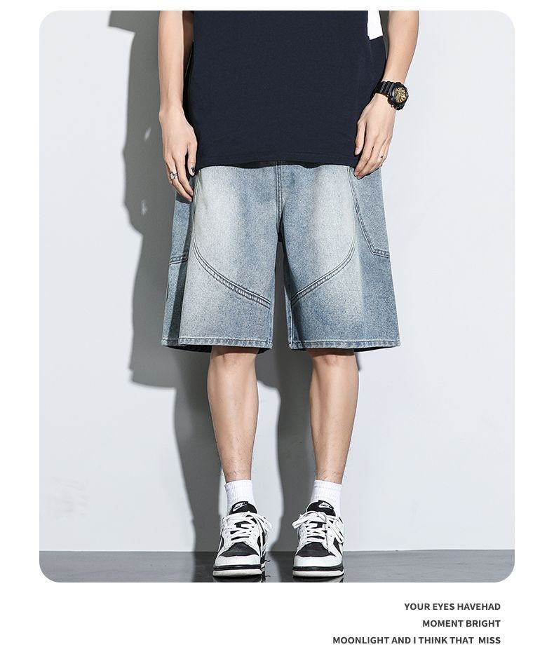 Summer New Baggy Denim Shorts Fashion Casual Straight Harajuku Jeans Male Vintage Wash Drawstring Short Pants Streetwear