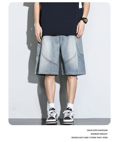 Summer New Baggy Denim Shorts Fashion Casual Straight Harajuku Jeans Male Vintage Wash Drawstring Short Pants Streetwear