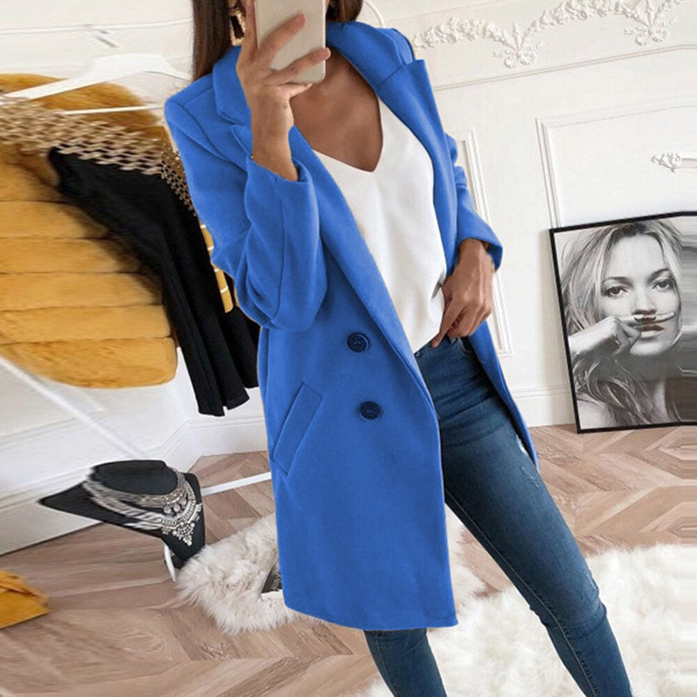2024 European and American New Solid Color Lapel Mid length Button Woolen Coat for Women