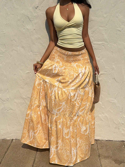 Vacation Style Stretchy Waist Long Maxi Skirt - Flowy Beach Skirt with Elastic Waistband