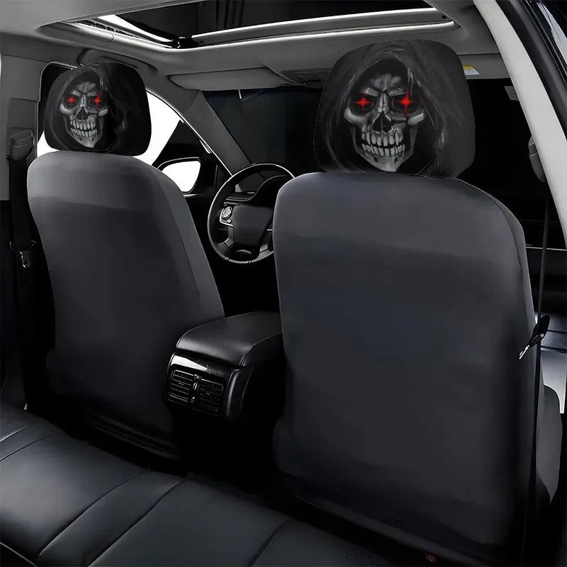 2Pcs Death Skull Flame Red Eye Print Car Headrest Cover Elastic Neck Support Auto Headrest Protector Easy Install Universal Car