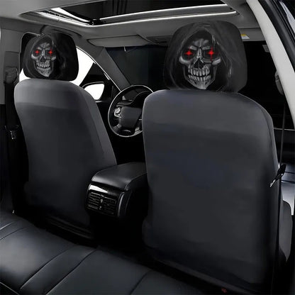 2Pcs Death Skull Flame Red Eye Print Car Headrest Cover Elastic Neck Support Auto Headrest Protector Easy Install Universal Car