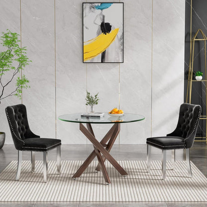 35.4'' Glass Top Round Dining Table for 2-4 People, Sturdy Walnut Metal Legs, Round Glass Kitchen Table for Apartment, Space Sav