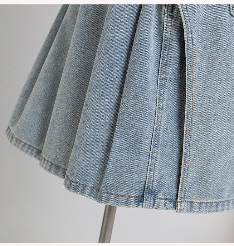 Plus Size Denim A Line Skirt With Lining 2024 Summer New Korean Fashion Pleated Midi Jean Skirt Woman Blue Color Jeans Skirts