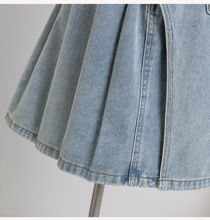 Plus Size Denim A Line Skirt With Lining 2024 Summer New Korean Fashion Pleated Midi Jean Skirt Woman Blue Color Jeans Skirts