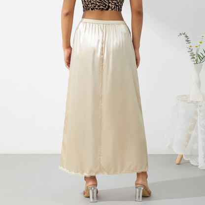 Elastic Waist Inner Lining Midi Skirt Women Solid Color Satin Half Slip Underskirt Long Underskirt for Ladies White/Black/Yellow